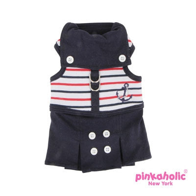 Pinkaholic NY "Middy Flirt Harness Dress" in Navy Nautical Stripe - Daisey's Doggie Chic
