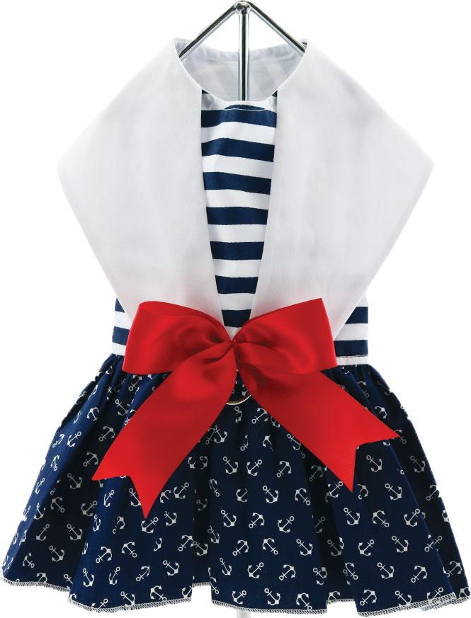 Anchors Away Nautical Striped Navy Blue Harness Party Dress with Charm and matching Leash - Daisey's Doggie Chic