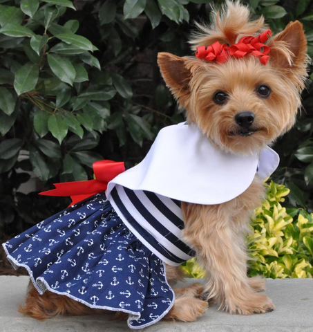 Anchors Away Nautical Striped Navy Blue Harness Party Dress with Charm and matching Leash - Daisey's Doggie Chic