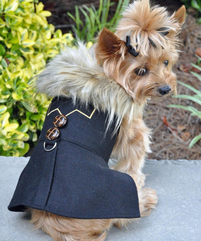 Chevron Wool & Faux Minky Fur Harness Jacket with Matching Leash in Color Navy Blue - Daisey's Doggie Chic