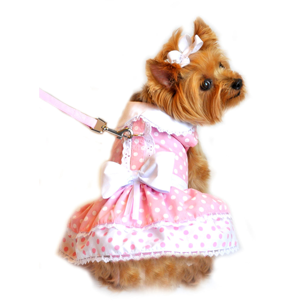 Pink Polka Dots & Bows Harness Party Dress with matching Leash set in Pink/White - Daisey's Doggie Chic