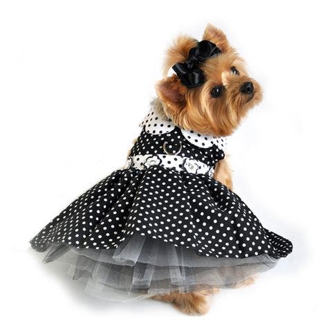 Doggie Design "Polka Dot Daisy" Harness Party Dress with matching Leash Set in Black/White - Daisey's Doggie Chic
