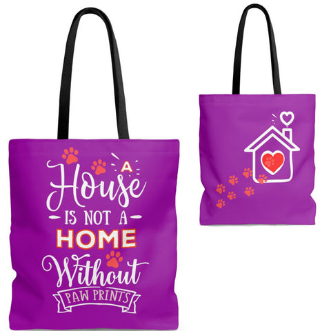 Carryall Tote Bag - House not a Home Without Paw Prints - 2-sided theme  - in Sizes S,M,L - Purple - Personalize it Free - Daisey's Doggie Chic