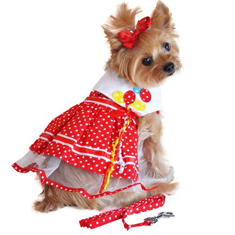 Red Polka Dots & Balloons Harness Party Dress with matching Leash - Daisey's Doggie Chic