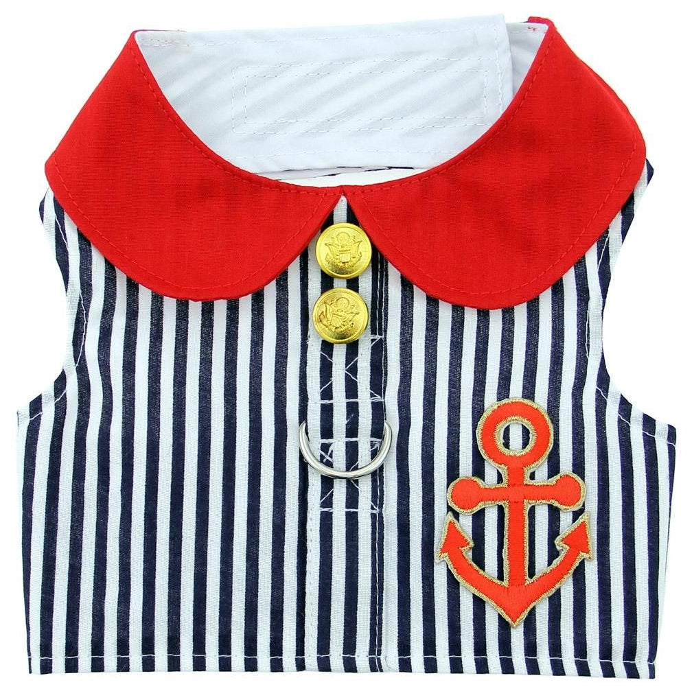 Sailor Harness Vest with Charm and matching Leash - Red White and Blue Nautical Stripe - Daisey's Doggie Chic