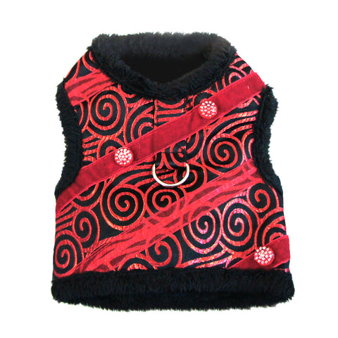 Doggie Design Ruby Black Brocade Jeweled Plush Faux Fur Harness Vest with matching Leash - Daisey's Doggie Chic