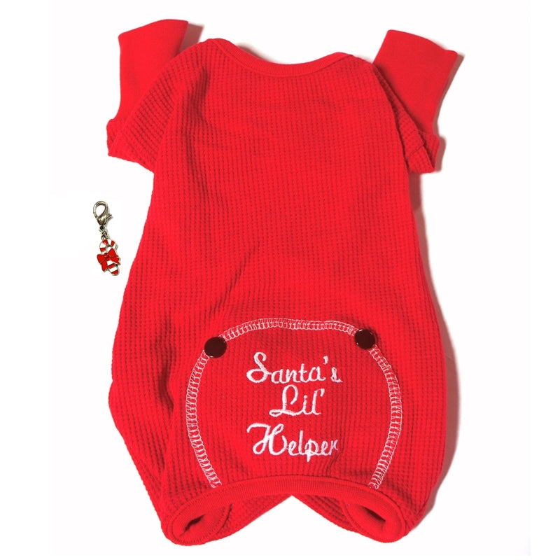 Santa's Little Helper Red Thermal Long John Pajamas with Candy Cane Charm - Daisey's Doggie Chic