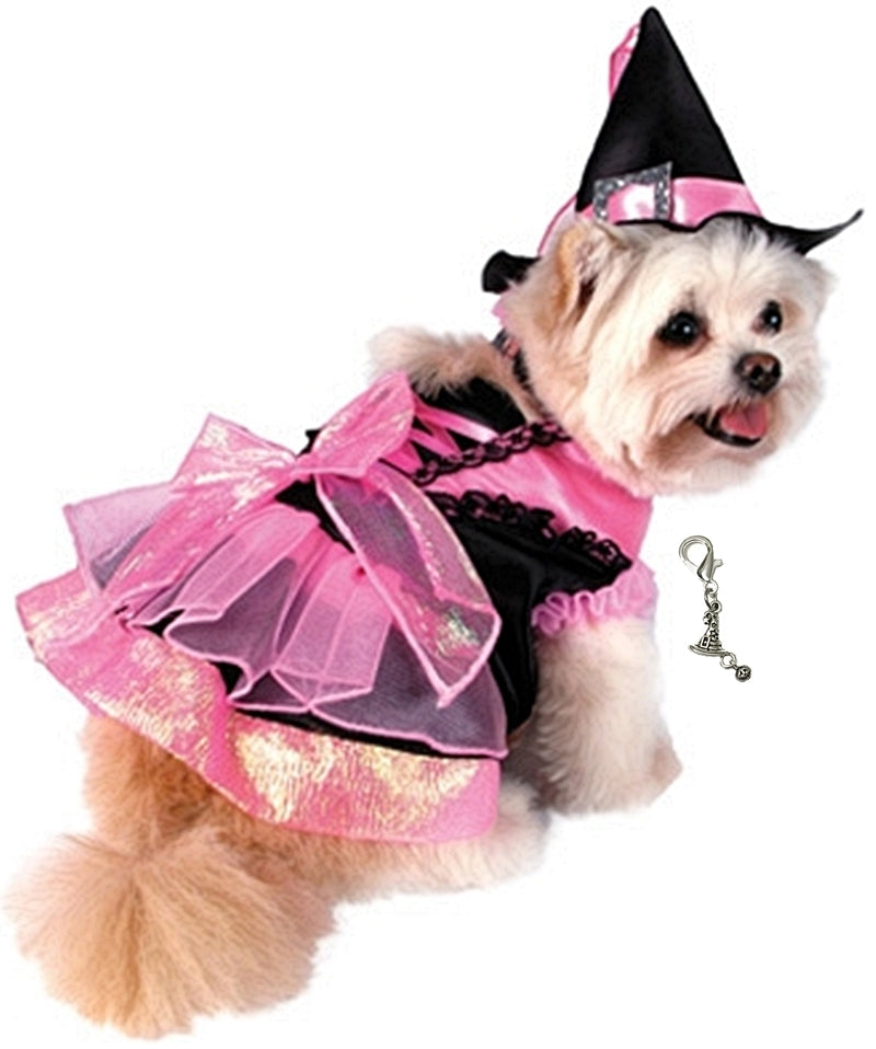 Shiny Pink Witch Dog Costume with Jewel Buckled Hat comes with  Witch Themed Charm - Daisey's Doggie Chic