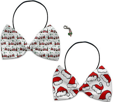 Santa Hats & Trains- Holiday Themed Bowtie 2-Pack set with Charm Accessory for Dogs or Cats - Daisey's Doggie Chic
