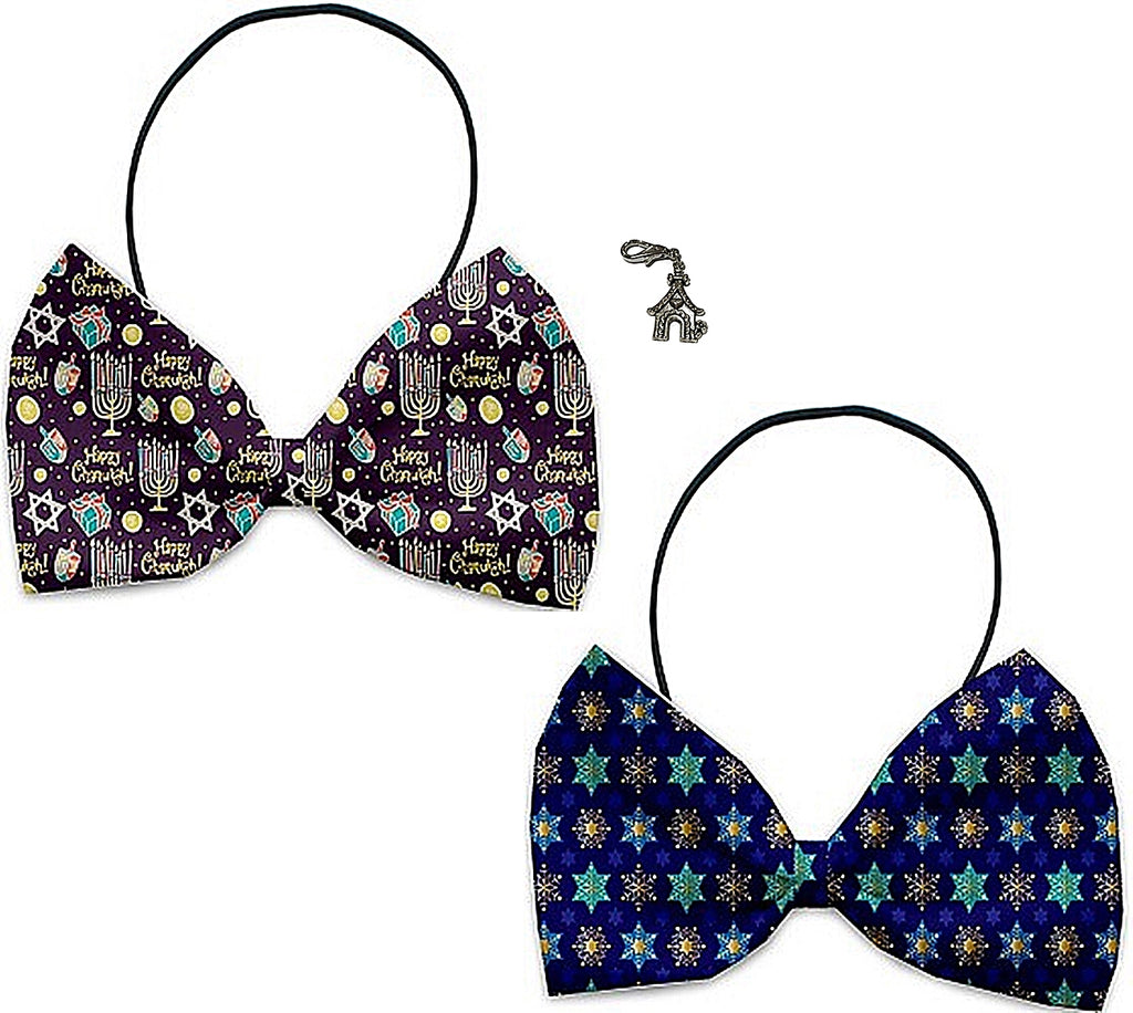 Happy Hanukkah - Holiday Themed Bowtie 2-Pack set with Charm Accessory for Dogs or Cats - Daisey's Doggie Chic