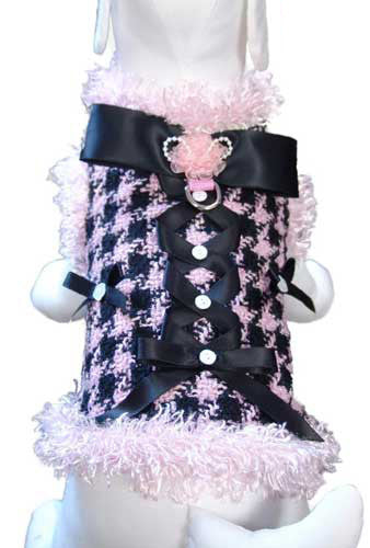 All About Business Houndstooth Dress Coat Harness in color Pink/Black - Daisey's Doggie Chic