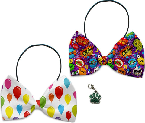 Comics & Balloons  - Fun Party Themed Bowtie 2-Pack set with Charm Accessory for Dogs or Cats - Daisey's Doggie Chic