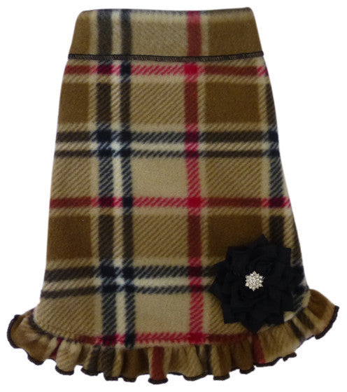 Cozy Classic Camel Blanket Plaid Fleece Pullover Ruffled Tank Dress w/Flower Pin - Daisey's Doggie Chic