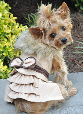 Classic Camel Wool & Faux Minky Fur Harness Jacket with Matching Leash - Daisey's Doggie Chic