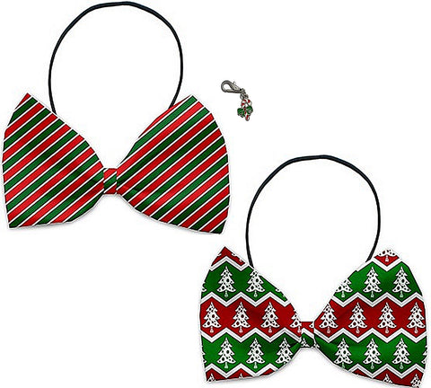 Christmas Wrap - Holiday Themed Bowtie 2-Pack set with Charm Accessory for Dogs or Cats - Daisey's Doggie Chic