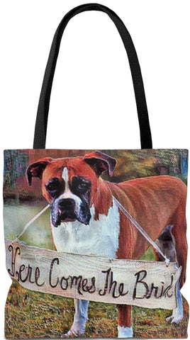 Exclusive Custom Art Tote - Here Comes the Bride - Boxer - Dog - Weekender Bags - personalize - Daisey's Doggie Chic