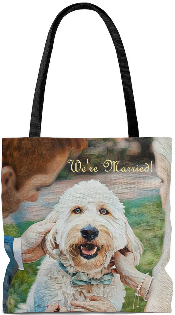 Exclusive Dog Art Tote -We're Married Bride and Groom with Dog - Bridal Wedding Themed - Choice of Weekender or Tall Tote Bags - personalize - Daisey's Doggie Chic
