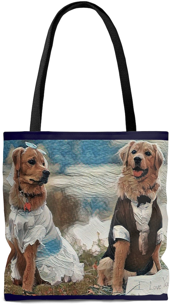 Exclusive Custom Dog Art Tote - I Love you - Bride & Groom - Golden Retrievers - Dogs - Choice of Tall Tote or oversized  Weekender Bag - personalize - Daisey's Doggie Chic
