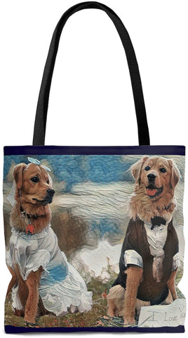 Exclusive Custom Dog Art Tote - I Love you - Bride & Groom - Golden Retrievers - Dogs - Choice of Tall Tote or oversized  Weekender Bag - personalize - Daisey's Doggie Chic