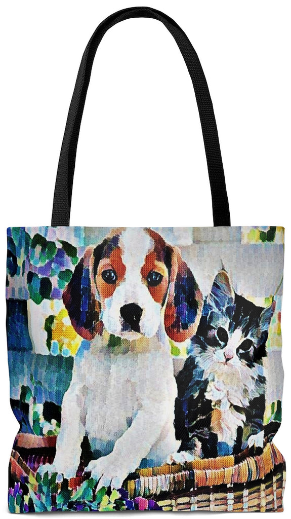 Exclusive Pet Art Tote -  features Puppy & Kitten in Flower Basket Artwork Choice of oversized Weekender or Tall Tote Bags - personalize - Daisey's Doggie Chic