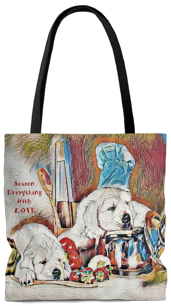 Exclusive Pet Art Tote - Candy Les Bones Chef -Season Everything with LOVE - Dogs in the Kitchen - Choice of Weekender or Tall Tote Bags - personalize - Daisey's Doggie Chic