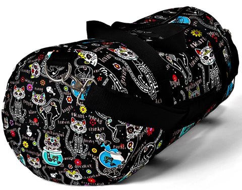Exclusive Cat Art Duffel Bag - Black Spooky Skeletal Cats Inspirations - Sugar Skull Theme - Sizes S or L - personalize - Daisey's Doggie Chic