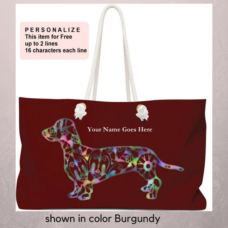 A Dachshund Weekender Bag - Color Burgundy - Oversized Tote – Free Personalization - Daisey's Doggie Chic