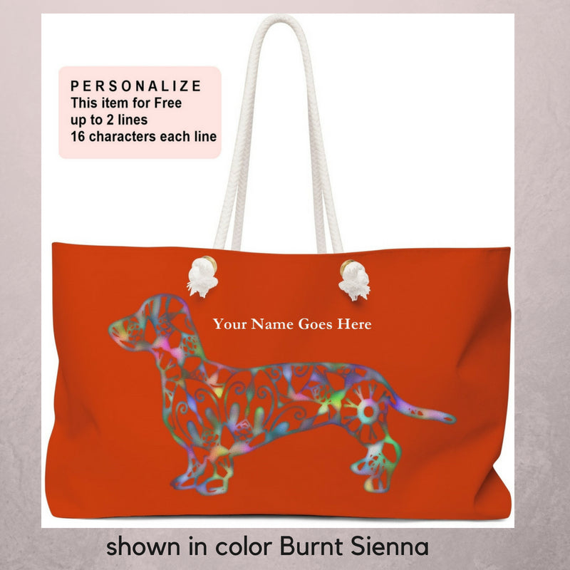 A Dachshund Weekender Bag - Color Burnt Sienna  - Oversized Tote – Free Personalization - Daisey's Doggie Chic