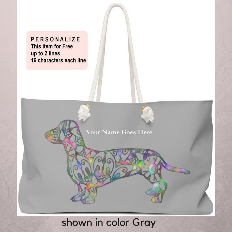 A Dachshund Weekender Bag - Color Gray - Oversized Tote – Free Personalization - Daisey's Doggie Chic