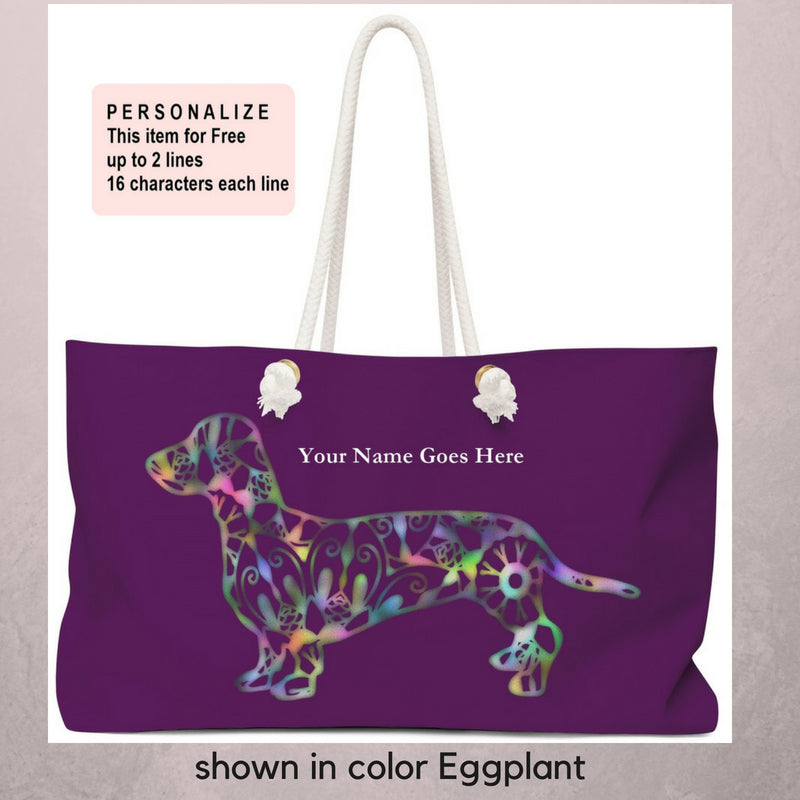 A Dachshund Weekender Bag - Color Eggplant - Oversized Tote – Free Personalization - Daisey's Doggie Chic