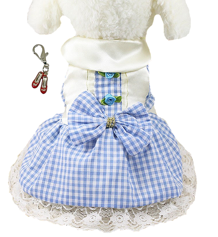 Dorothy Wizard of Oz Dog Costume in Gingham Check and Ruby Red Slippers Charm - Daisey's Doggie Chic