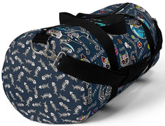 Exclusive Cat Art Duffel Bag - Spooky Skeletal Cats & Fish Bones - Sugar Skull Theme - Choice of Color & Size - personalize - Daisey's Doggie Chic