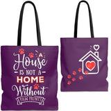 Tote Bag - House not a Home Without Paw Prints Theme on 2-Sides - Eggplant  - in Sizes S,M,L - Personalize it Free - Daisey's Doggie Chic