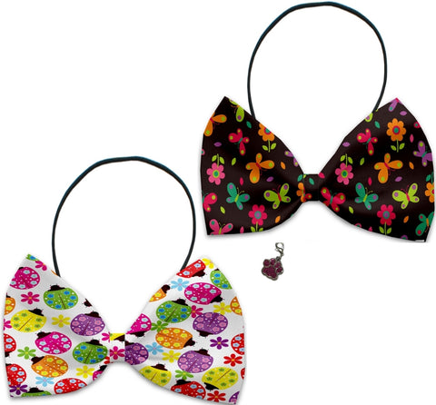 Butterflies & Ladybugs - Fun Party Themed Bowtie 2-Pack set with Charm Accessory for Dogs or Cats - Daisey's Doggie Chic