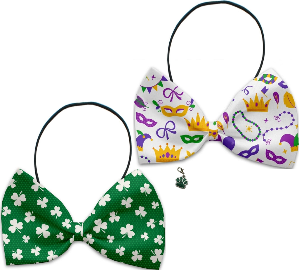 Lucky Charm  Mardi Gras  - Fun Party Themed Bowtie 2-Pack set with Charm Accessory for Dogs or Cats - Daisey's Doggie Chic