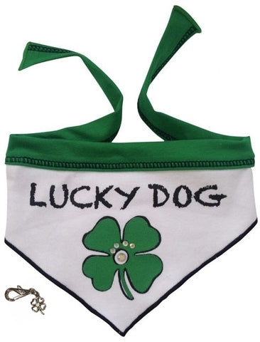Lucky Dog Studded Clover Bandana Scarf with Charm - color Green/White - Daisey's Doggie Chic