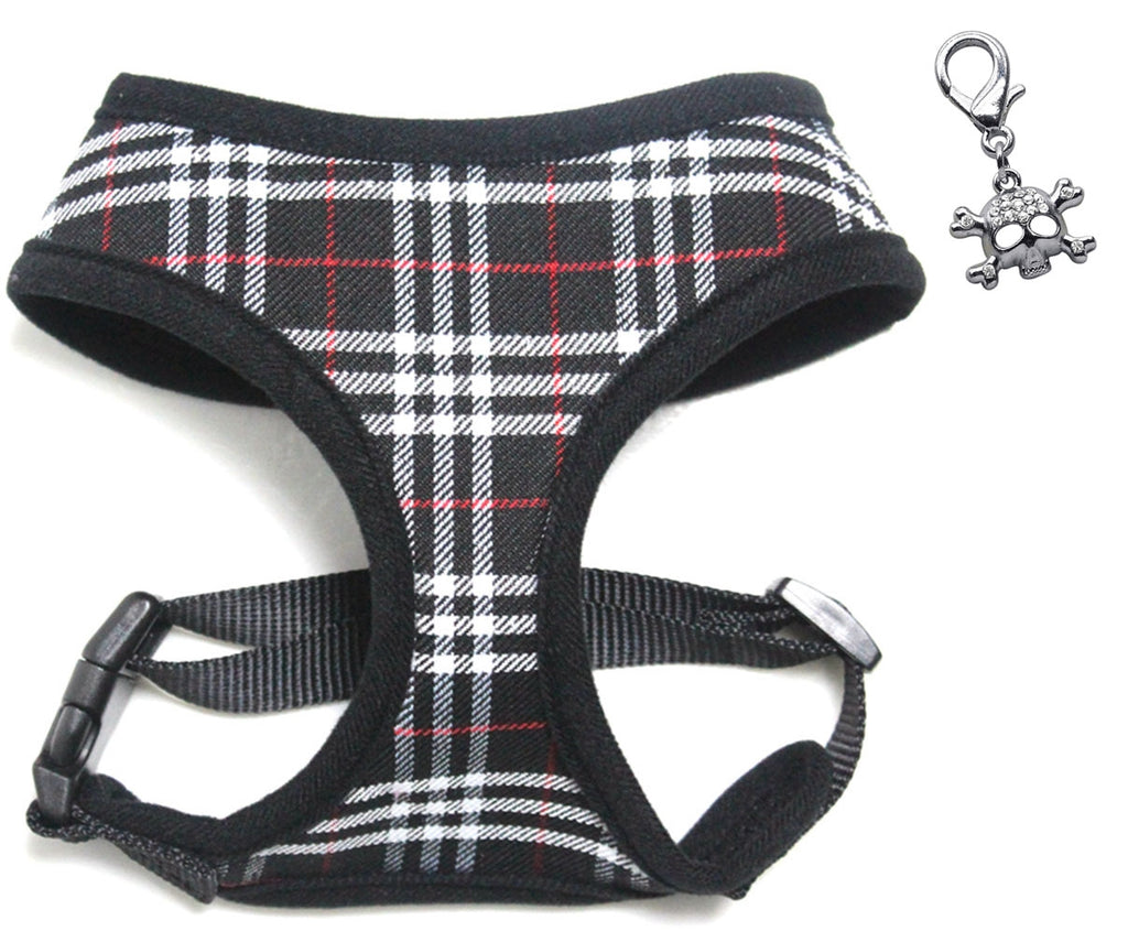 Designer Edition Black Plaid  Choke-Free Harness with Rhinestone Skull Charm - Daisey's Doggie Chic
