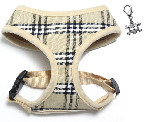 Designer Edition Cream Plaid Choke-Free Harness with Rhinestone Skull Charm - Daisey's Doggie Chic