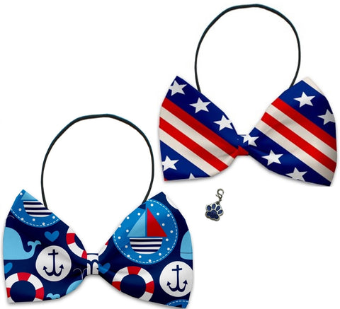 Nautical Patriotic Stars 'n Stripes  - Fun Party Themed Bowtie 2-Pack set with Charm Accessory for Dogs or Cats - Daisey's Doggie Chic