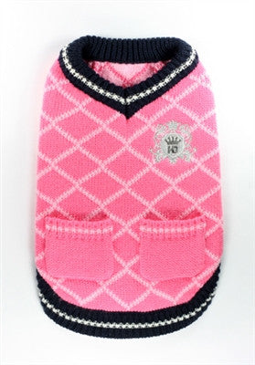 Royal Crest V-Neck Argyle Sweater for dogs in color Pink - Daisey's Doggie Chic