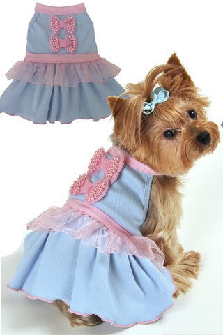 "Pink Pearled Bows" Ribbed Dress in color Light Blue - Daisey's Doggie Chic