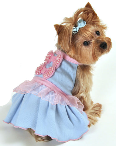"Pink Pearled Bows" Ribbed Dress in color Light Blue - Daisey's Doggie Chic