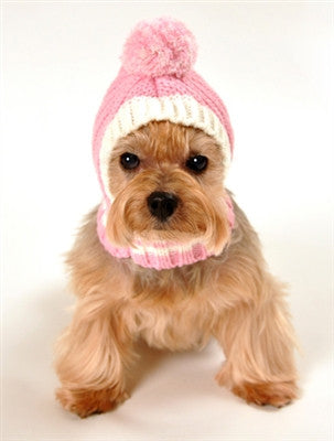 Crown Rib Knit Hat w/PomPom for Dogs in color Pink - Daisey's Doggie Chic