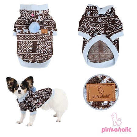 Pinkaholic NY Winter Snowflakes & Reindeer Hooded Sweater color Blue/Brown - Daisey's Doggie Chic