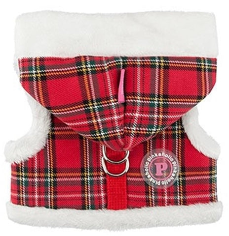 Santa's Pinka "Pinkaholic NY" Holiday Hooded Harness Vest in color Red Check Plaid - Daisey's Doggie Chic