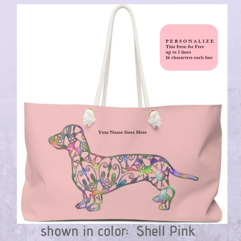 A Dachshund Weekender Bag - Color Shell Pink - Oversized Tote - Free Personalization - Daisey's Doggie Chic