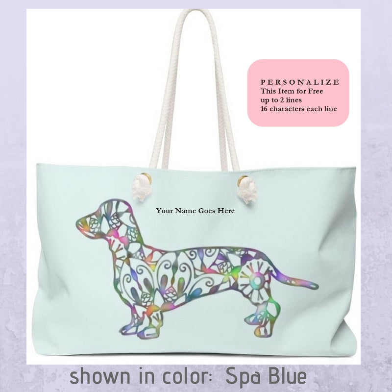 A Dachshund Weekender Bag - Color Spa Blue - Oversized Tote – Free Personalization - Daisey's Doggie Chic