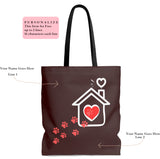 Carryall Tote Bag - House not a Home Without Paw Prints - 2-sided theme  - in Sizes S,M,L - Chocolate Brown - Personalize it Free - Daisey's Doggie Chic