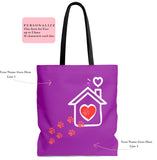 Carryall Tote Bag - House not a Home Without Paw Prints - 2-sided theme  - in Sizes S,M,L - Purple - Personalize it Free - Daisey's Doggie Chic