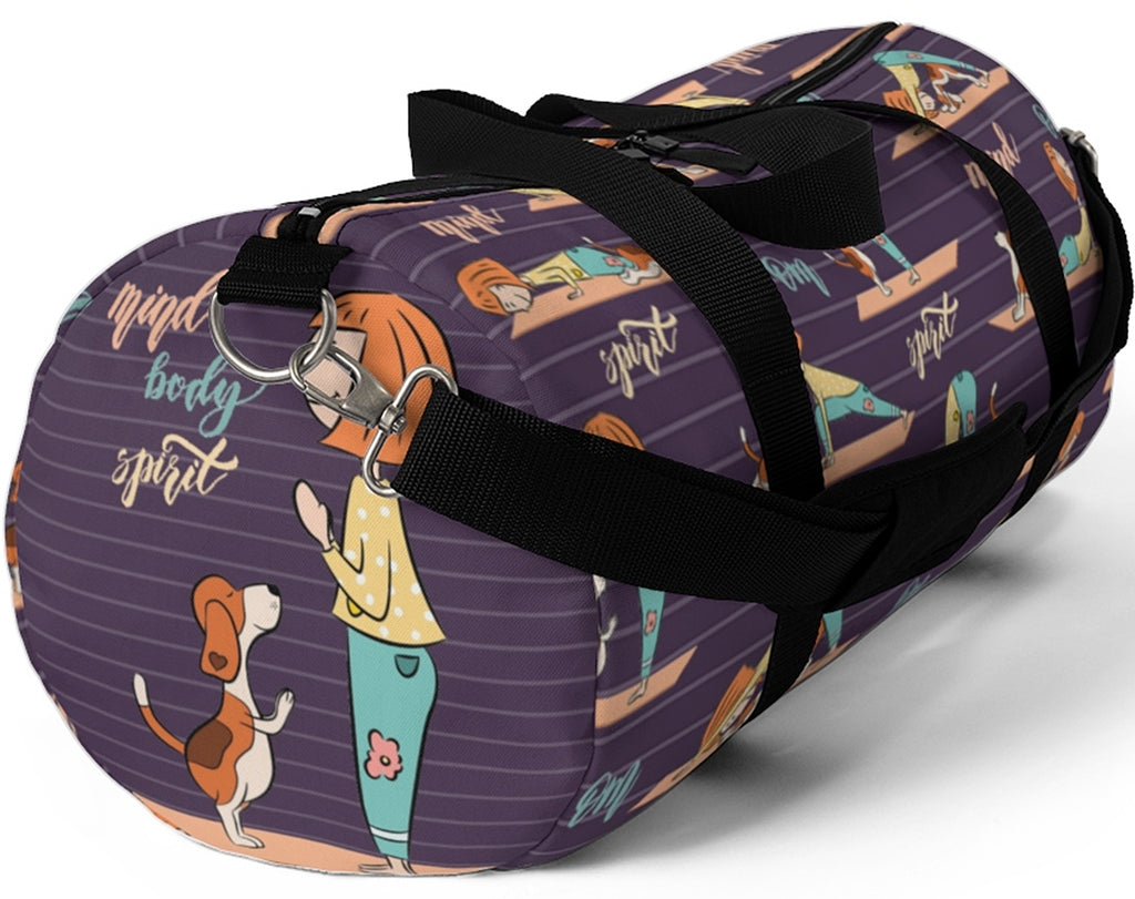 Exclusive Pet Art Duffel Bag Yoga Girl with Yoga Dog - Gym Bag - Choice of Color & Size - personalize - Daisey's Doggie Chic